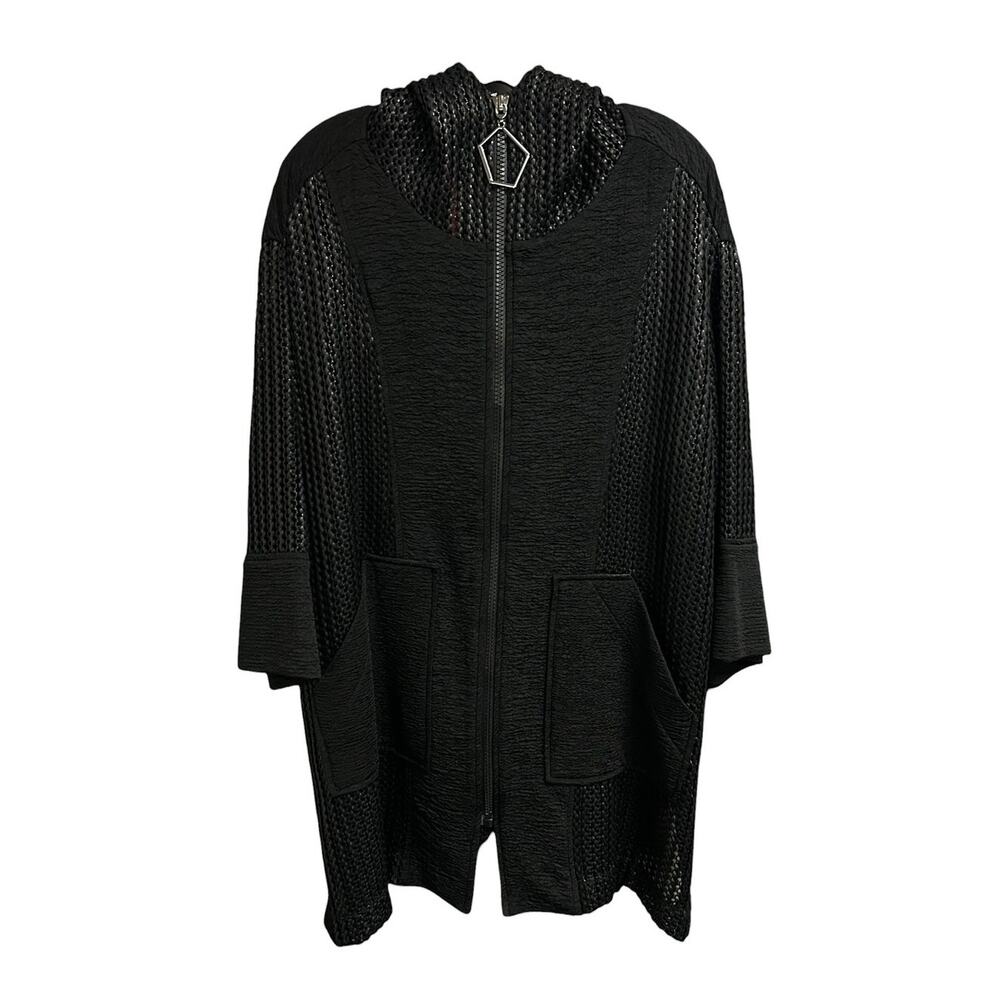 NWT IC by Connie K Black Mesh Sleeve Hooded Zip Up Jacket Womens Medium